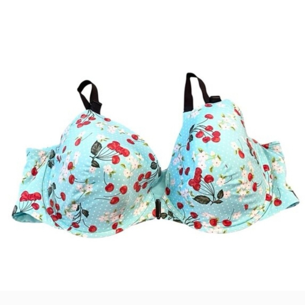 Torrid Perfect T Front Close Lightly Lined Underwire Bra Cherries 44DD Blue